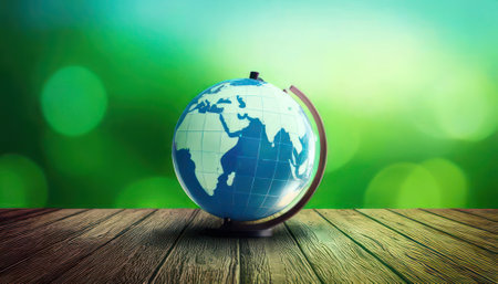 Globe on wooden table with abstract bokeh background. Global business conceptの素材