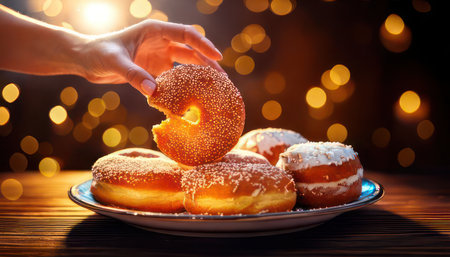 Donuts on a plate on a wooden table with bokeh backgroundの素材