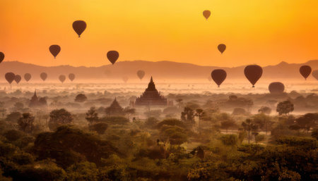 Hot air balloons flying over Bagan, Myanmar (Burma)の素材