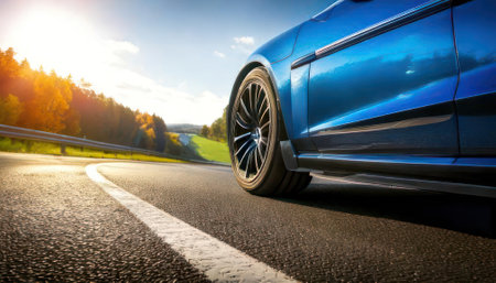 Blue sports car on asphalt road with sun rays in the background.の素材