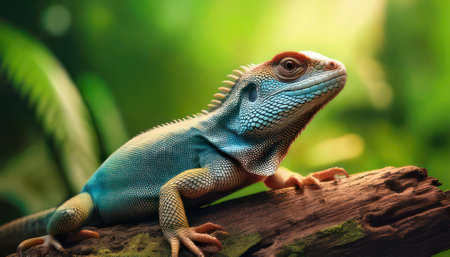 Blue chameleon on a branch, close-up portrait.の素材