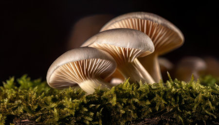 Mushrooms growing on moss in the forest. selective focusの素材