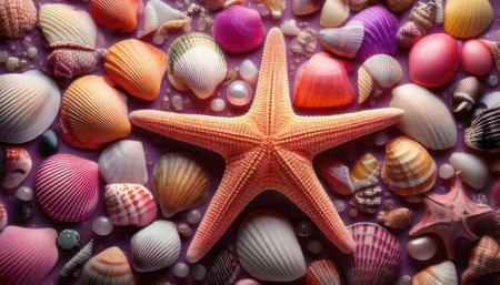 Colorful seashells and starfish background. top viewの素材