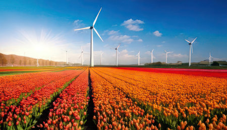 Tulip field with wind turbines at sunset in the Netherlands.の素材