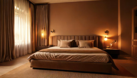 Interior of a hotel room with a bed and two pillowsの素材