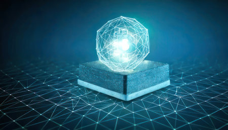 Glowing polygonal crystal sphere on blue background 3D renderingの素材