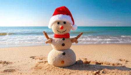 Snowman on the beach with blue sky background, christmas conceptの素材