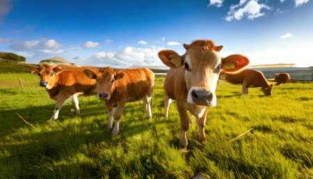 Herd of cows grazing in a field on a sunny day.の素材