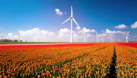 Tulip fields in the Netherlands with wind turbines in the backgroundの素材