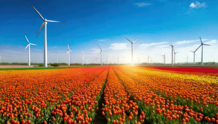 Tulip field with wind turbines in the netherlands.の素材