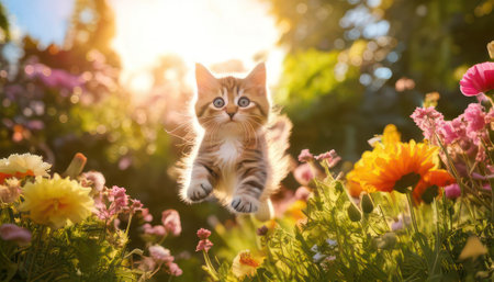 Cute little kitten jumping in the garden with flowers at sunset.の素材