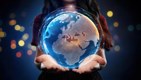 Close up of businesswoman holding glowing earth planet in her hands.の素材