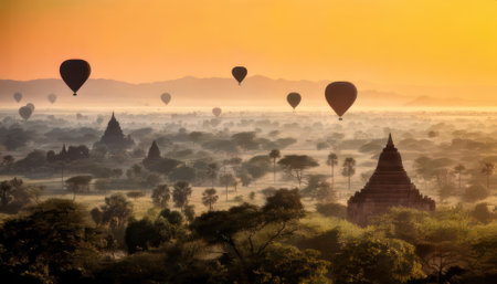 Hot air balloons flying over Bagan temples, Myanmar (Burma)の素材