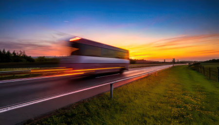 Truck with motion blur on the highway at sunset, Germany.の素材