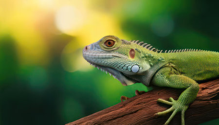 Green iguana on a branch in the forest, close-upの素材