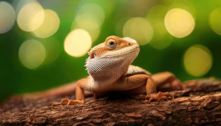 Bearded Dragon on the tree with bokeh background, reptileの素材