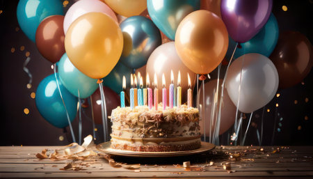 Birthday cake with candles and balloons on wooden table, closeupの素材
