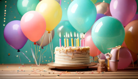 Birthday cake with candles and balloons on wooden table, closeupの素材