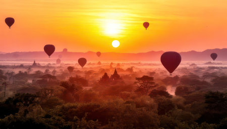 Hot air balloons flying over Bagan, Myanmar (Burma)の素材