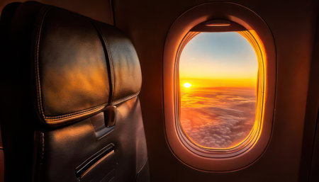 Airplane window view from porthole of airplane at sunrise.の素材