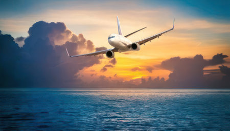 Airplane in the sky over the sea at sunset. Travel conceptの素材