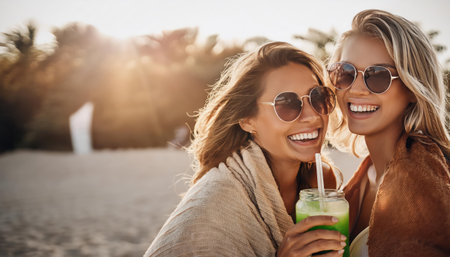 Image of two happy young women friends outdoors on the beach drinking juice.の素材