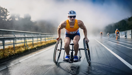 Male triathlete in a wheelchair running on the road during the raceの素材