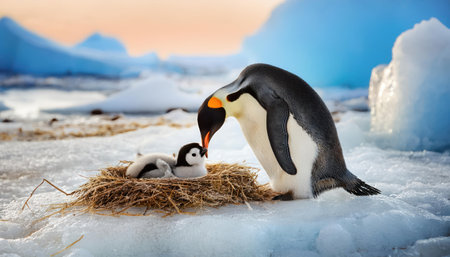 Emperor penguin with chick on the snow, Antarctic Peninsula, Antarcticaの素材
