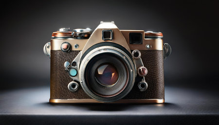 Vintage camera on black background. Retro style. close upの素材