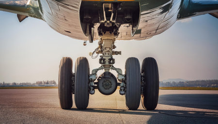 Aircraft landing gear on runway. Airplane close up view.の素材