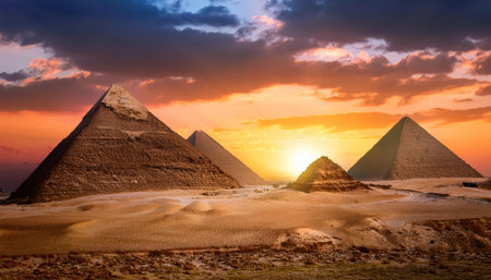 Egyptian pyramids in Giza at sunset, Cairo, Egyptの素材
