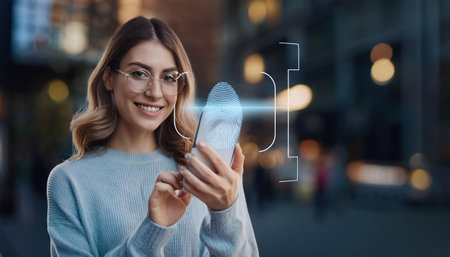 Fingerprint. Cheerful young woman in eyeglasses using her smartphone while standing outdoorsの素材