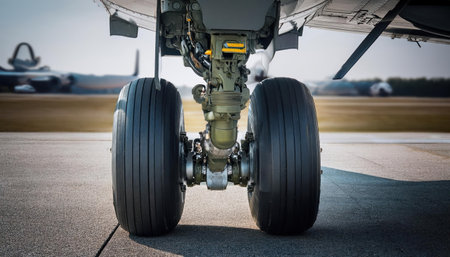 Close-up of the landing gear of an aircraft at the airportの素材