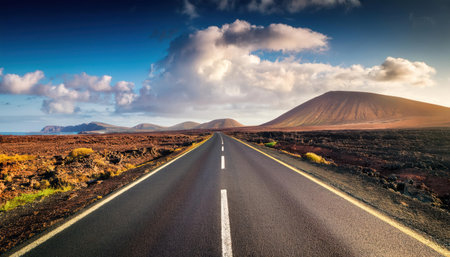 Long road in volcanic landscape, Lanzarote, Canary Islands, Spainの素材