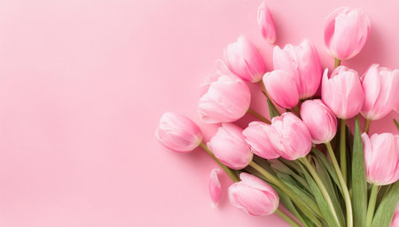 Bouquet of pink tulips on pink background with copy spaceの素材