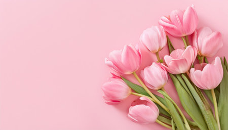 Bouquet of pink tulips on pink background. top viewの素材