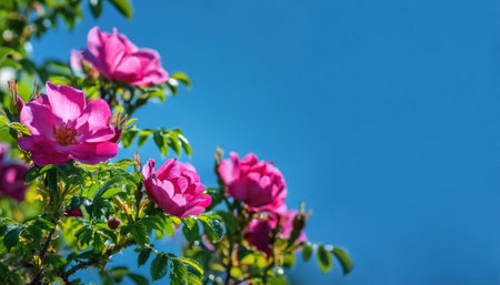 wild rose bush with pink flowers on a background of the blue skyの素材