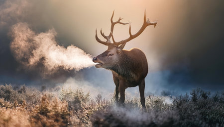 Red deer stag in rutting season with foggy sunrise.の素材