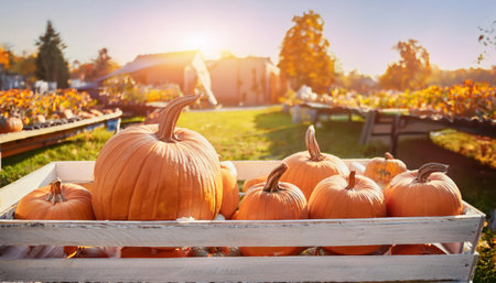 Pumpkins in a wooden box on a background of autumn parkの素材