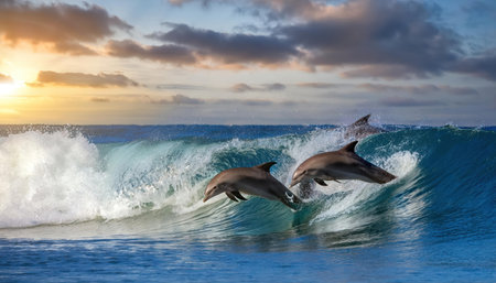 Dolphins jumping out of the ocean wave on a beautiful sunset.の素材