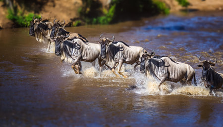 Blue wildebeest (Connochaetes taurinus) crossing the Mara river in Kenyaの素材