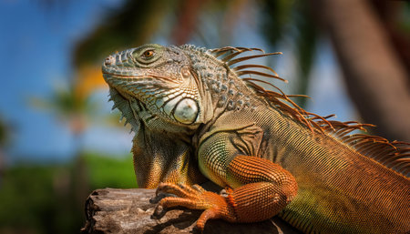 Close up of a green iguana sitting on a tree trunk.の素材