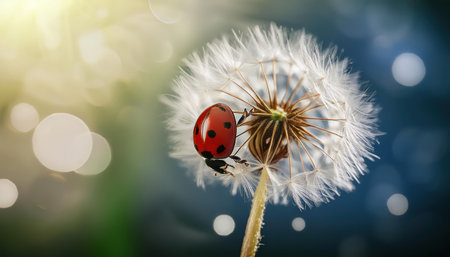 ladybug on dandelion flower with bokeh backgroundの素材