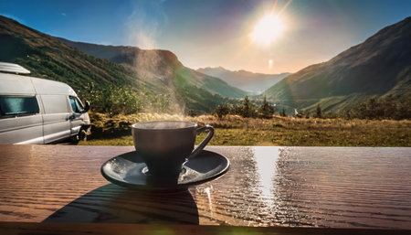 Coffee cup on wooden table in the mountains at sunset.の素材