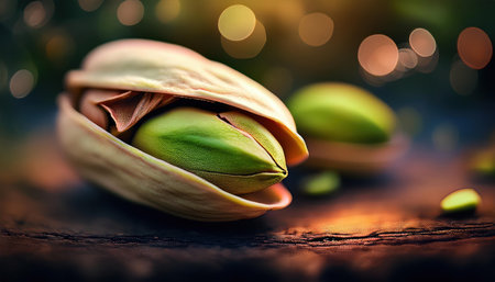 Pistachio nuts on a wooden table with bokeh backgroundの素材