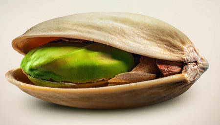 Close up of pistachios in shell isolated on white background.の素材
