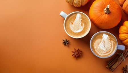Pumpkin latte art with cinnamon and star anise on orange backgroundの素材