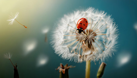 ladybug on a dandelion on a blue background.の素材
