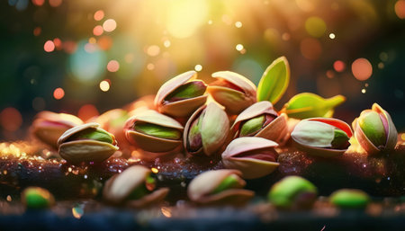 Pistachio nuts with green leaves on shiny background with bokehの素材