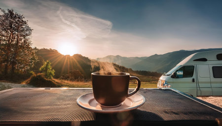 Coffee cup on the table with camper car on backgroundの素材